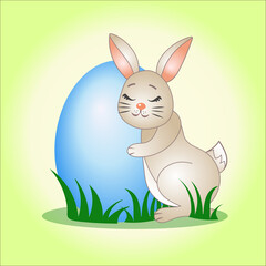 A happy Easter bunny hugging a huge egg, a cute rabbit cuddling with a big Easter egg, a sweet bunny Easter card