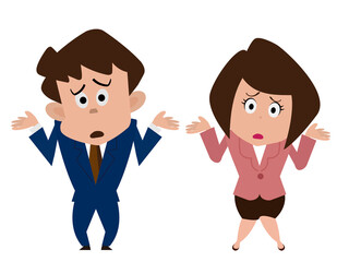 お手上げ困ったポーズのビジネスマンとビジネスウーマン