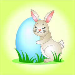 A happy Easter bunny hugging a huge egg, a cute rabbit cuddling with a big Easter egg, a sweet bunny Easter card