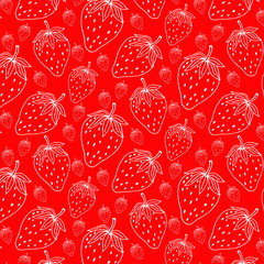 Line drawn doodle strawberries on bright pink background. Seamless summer cute pattern. Good for packaging.