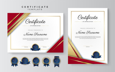 Luxury certificate of appreciation template with red and gold color, multipurpose certificate border with badge design. Elegant red and gold diploma certificate template