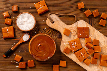 Homemade caramel candies with caramel sauce and salt