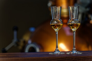 Fresh Liqueur, Liqueur glasses in front of a gin distiller. Copy space for your design. Web banner. 