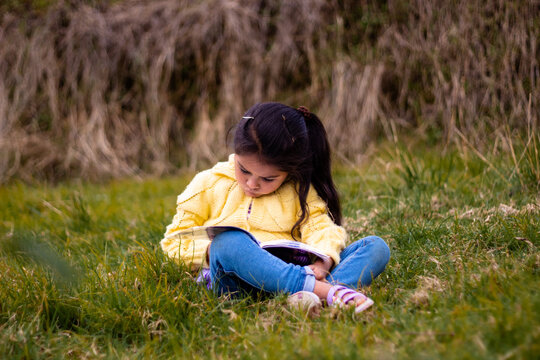 Una niña se sienta al aire libre bajo un árbol y lee un libro. Hermosa niña, sentada en el césped con un libro,