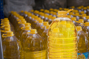 sunflower oil in a plastic bottle - obrazy, fototapety, plakaty