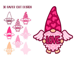 3D layered gnome with wings. Valentines Day. Love symbols. Paper,laser cut template. For postcard, window, gift, wall decorations, sublimation. Vector illustration isolated on white.