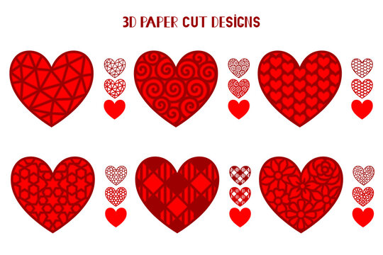 3D layered heart. Valentines Day. Flower hearts set. Love symbol. Paper, laser cut template. For postcard, window, gift, wall decorations, sublimation. Vector illustration isolated on white.