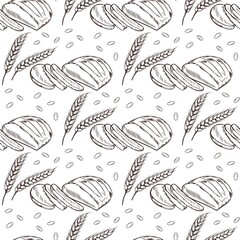 Spikelets of wheat and bread seamless pattern