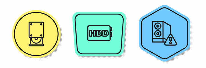 Set line Optical disc drive, Hard disk HDD and Case of computer. Colored shapes. Vector
