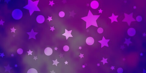 Light Purple vector backdrop with circles, stars. Glitter abstract illustration with colorful drops, stars. Pattern for trendy fabric, wallpapers.