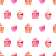 Seamless cupcakes pattern. Watercolor sweets background with backing, cake. Food illustration for fabric, valentines day decor, wrapping paper