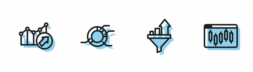 Set line Sales funnel with chart, Financial growth, Pie infographic and Browser stocks market icon. Vector