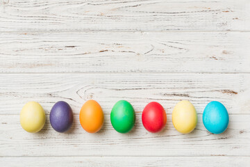 holiday preparation Multi colors Easter eggs on colored background . Pastel color Easter eggs. holiday concept with copy space