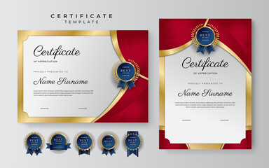 Luxury certificate of appreciation template with red and gold color, multipurpose certificate border with badge design. Elegant red and gold diploma certificate template