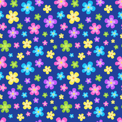 Fototapeta na wymiar Funny seamless pattern with colorful flowers on blue board. Positive summer mood. Endless design. Print for textile, clothes, gift wrap, cards, design and decor. 