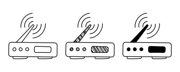 Set of hand drawn vector Wireless Router in doodle cartoon style