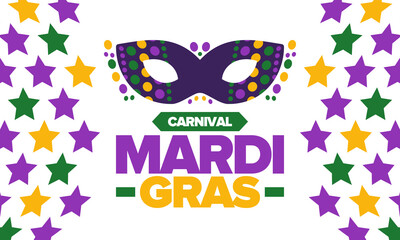 Mardi Gras Carnival in New Orleans. Fat Tuesday. Traditional folk festival with parade and celebration. Annual holiday. Costume masquerade, fun party. Carnival mask. Poster, card, banner. Vector