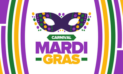 Mardi Gras Carnival in New Orleans. Fat Tuesday. Traditional folk festival with parade and celebration. Annual holiday. Costume masquerade, fun party. Carnival mask. Poster, card, banner. Vector