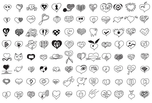 Hand drawn sketchy doodle black hearts vector collection set of 96 cartoon love hearts icons on white background.