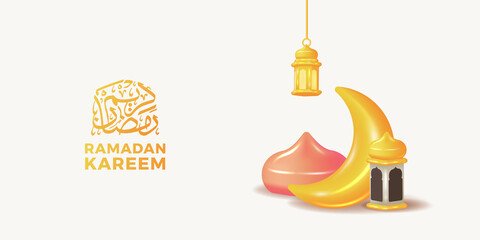 3d cute moon crescent and lantern mosque decoration for ramadan islamic event party (text translation = ramadan kareem)