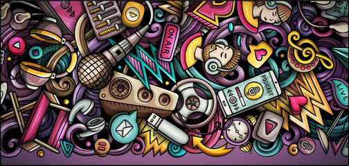 Obraz premium Audio Content hand drawn doodle banner. Cartoon vector detailed flyer.