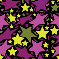 Seamless vector pattern with pink, green and yellow stars on a black background. For wallpaper, background, paper, packaging, teens,