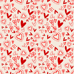 Vector seamless love symbol pattern, with stylish hearts and xoxo (hugs and kisses) phrase 