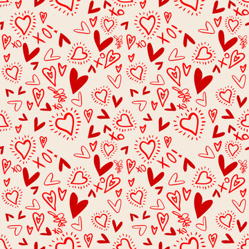 Vector seamless love symbol pattern, with stylish hearts and xoxo (hugs and kisses) phrase 