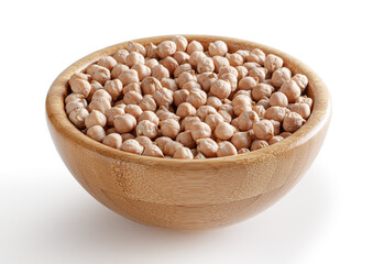 Uncooked chick pea in wooden bowl isolated on white background with clipping path