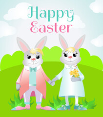 Happy Easter bunnies stand on a green field. Rabbits are smiling. Vector illustration for easter cards, pictures and design.