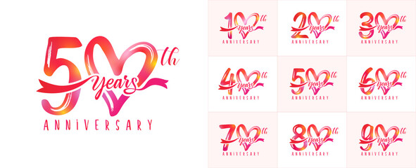 Set of anniversary love logo with pink handwriting for wedding, celebration event. Vector illustration for greeting card or Valentine day invitation