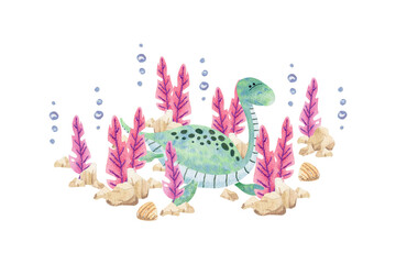 Fototapeta premium collection of watercolor illustration (cute turquoise dinosaurs) on isolated background. For stationery design (postcards, calendars, notebooks, booklet etc.), clothing print, etc., phone case design 