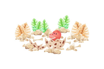 collection of watercolor illustration with cute red dinosaurs and tropical vegetation on isolated background