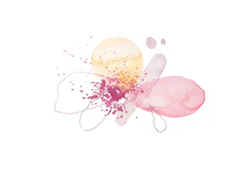 Foto op Aluminium Abstract Watercolor flower blot with drops and doodle line elements on white background. © Liliia