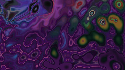 Abstract purple liquid background with multi-colored bubbles.