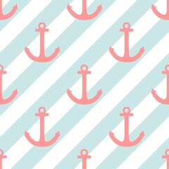 Tile sailor vector pattern with pink anchor on mint green and white stripes background