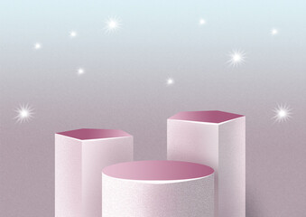 Group of podiums. Pink 3D background. 3D rendering. Shiny background