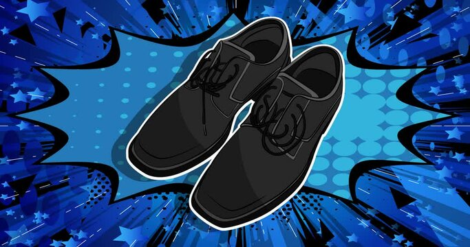 Elegant Menswear. Shiny pair of black shoes. Comic book style illustrated animation. Retro Pop art moving image.
