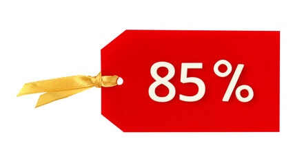 85 percent. red tag with white numbers and gold ribbon
