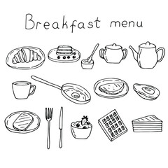 Breakfast set vector illustration, hand drawing doodles