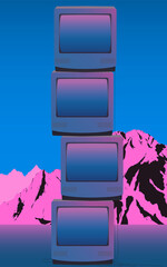 Stack of vintage crt tv in pink and ultramarine neon glow ambience and retro mountain wallpaper, aesthetic background illustration