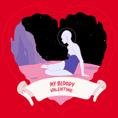 Lonely love sick heartbroken woman on strange other planet, vintage space voyage illustration card print design