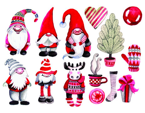 watercolor gnome clipart set of christmas elements