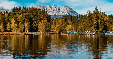 Beautiful alpine summer view with reflections and the famous Wilder Kaiser mountains at the Schwarzsee lake, Tyrol, Austria