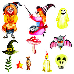 watercolor halloween characters set