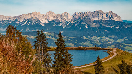 Beautiful alpine summer view with the famous Wilder Kaiser mountains at the Fleckalm near Kitzbuehel, Tyrol, Austria