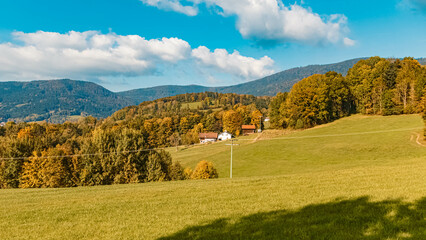 Fototapeta na wymiar Beautiful autumn or indian summer view near Bernried, Bavarian forest, Bavaria, Germany