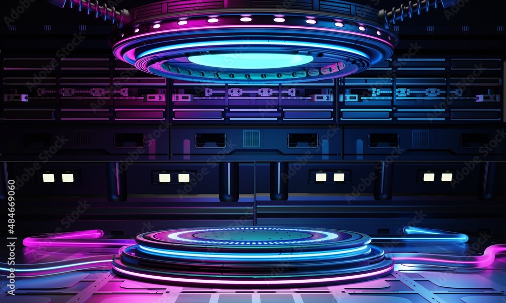 Aufkleber cyberpunk sci-fi product podium showcase in spaceship base with blue and pink background. technology