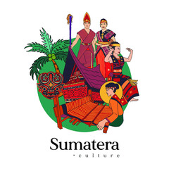 Set bataknese sumatera Illustration. Hand drawn Indonesian cultures background