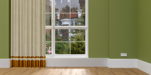 3D light green wall of a room in an interior with a panoramic window. View from the window to the blooming garden.